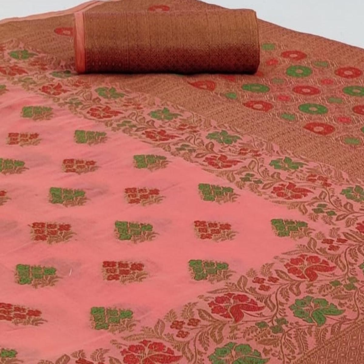 Groovy Pink Colored Festive Wear Woven Cotton Saree - Peachmode