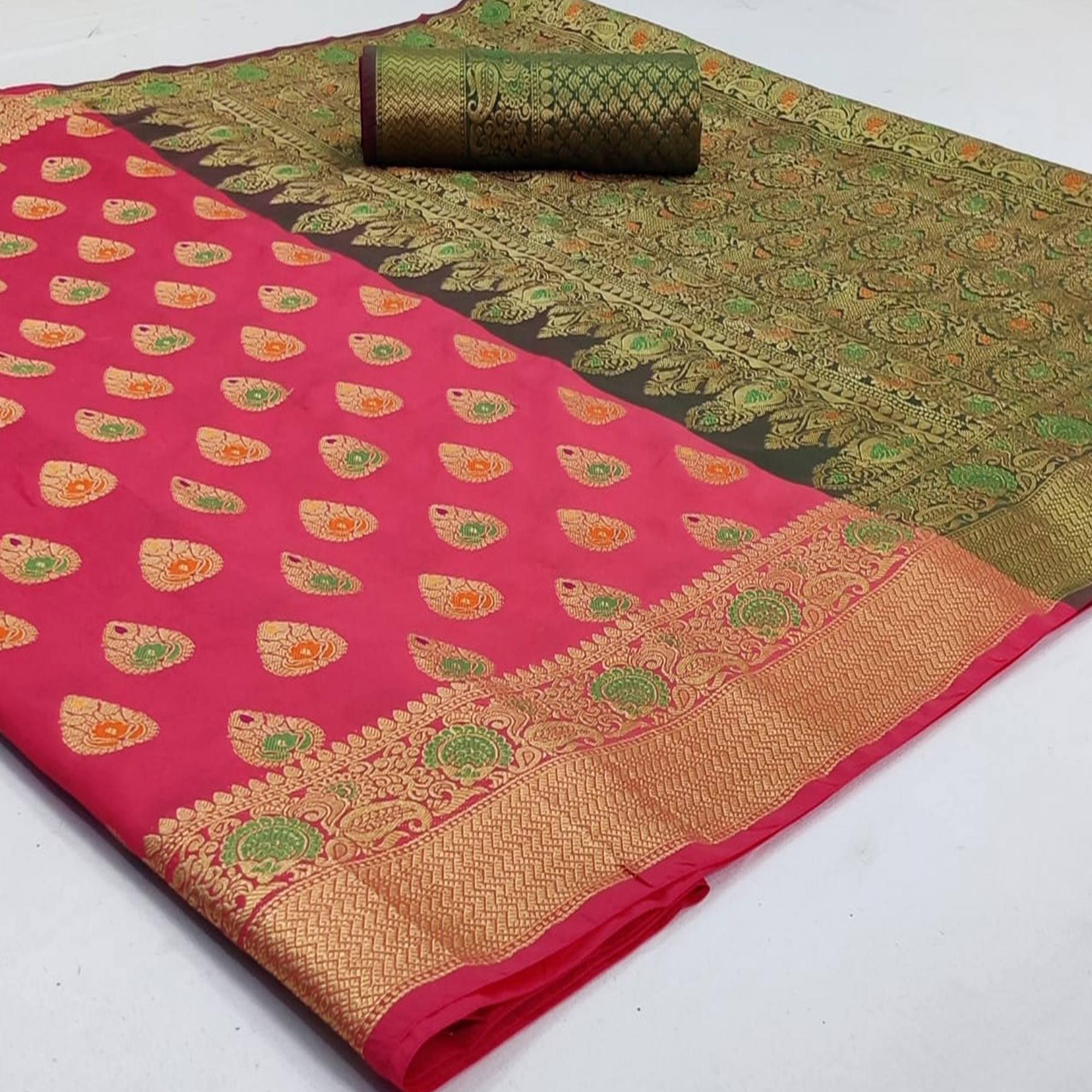 Groovy Pink Colored Festive Wear Woven Silk Saree - Peachmode