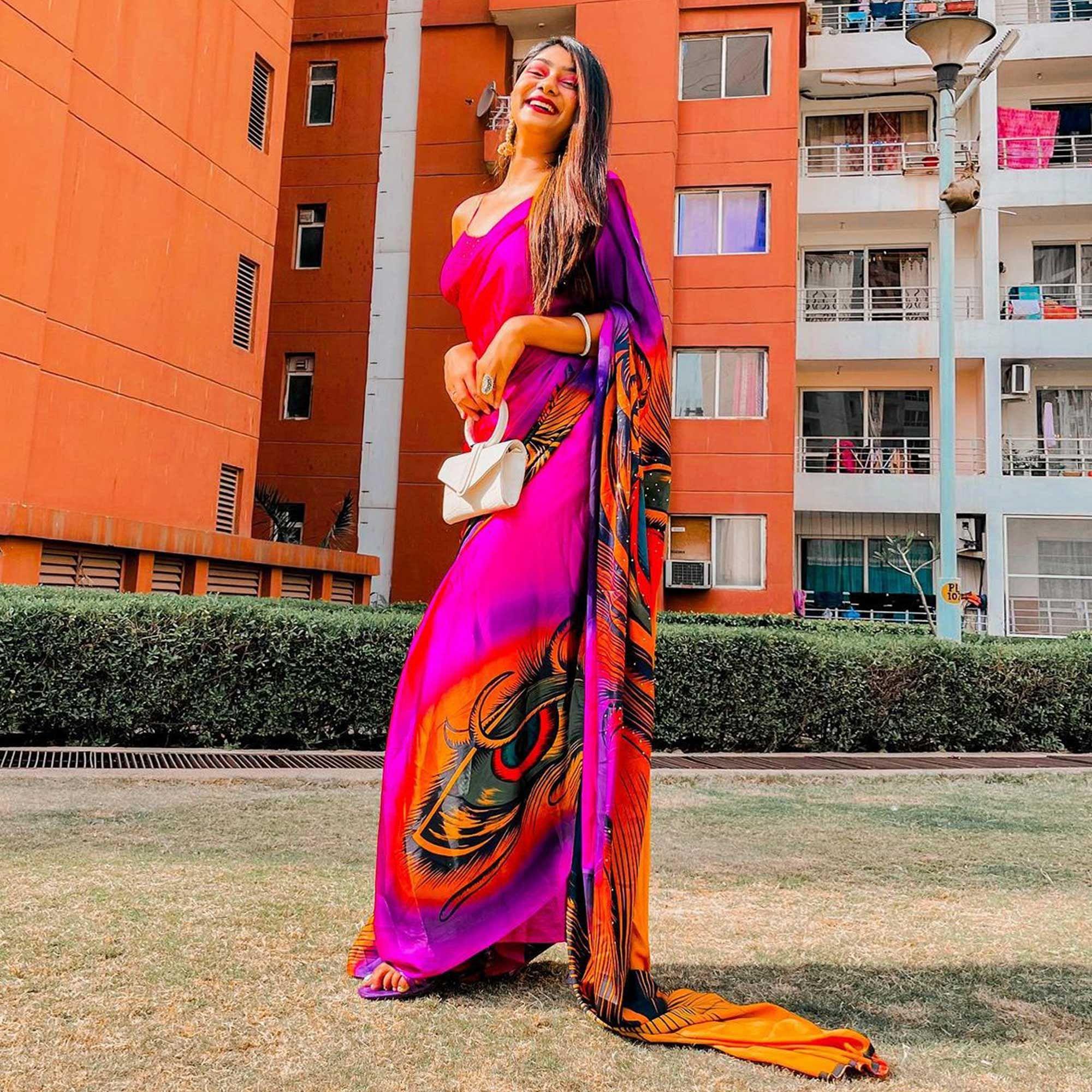 Groovy Pink Colored Party Wear Printed Silk Saree - Peachmode