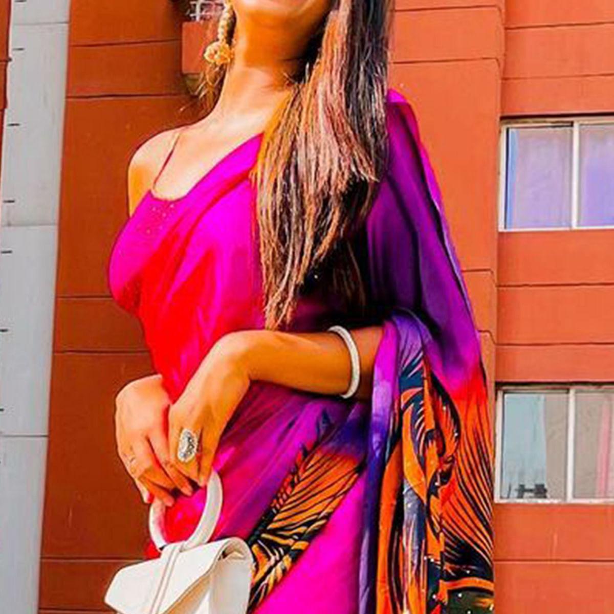 Groovy Pink Colored Party Wear Printed Silk Saree - Peachmode