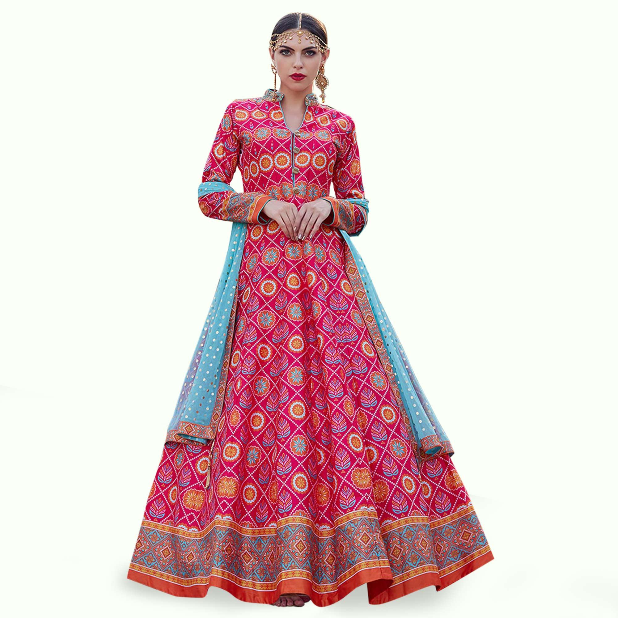 Groovy Pink Colored Partywear Digital Printed Silk Gown - Peachmode