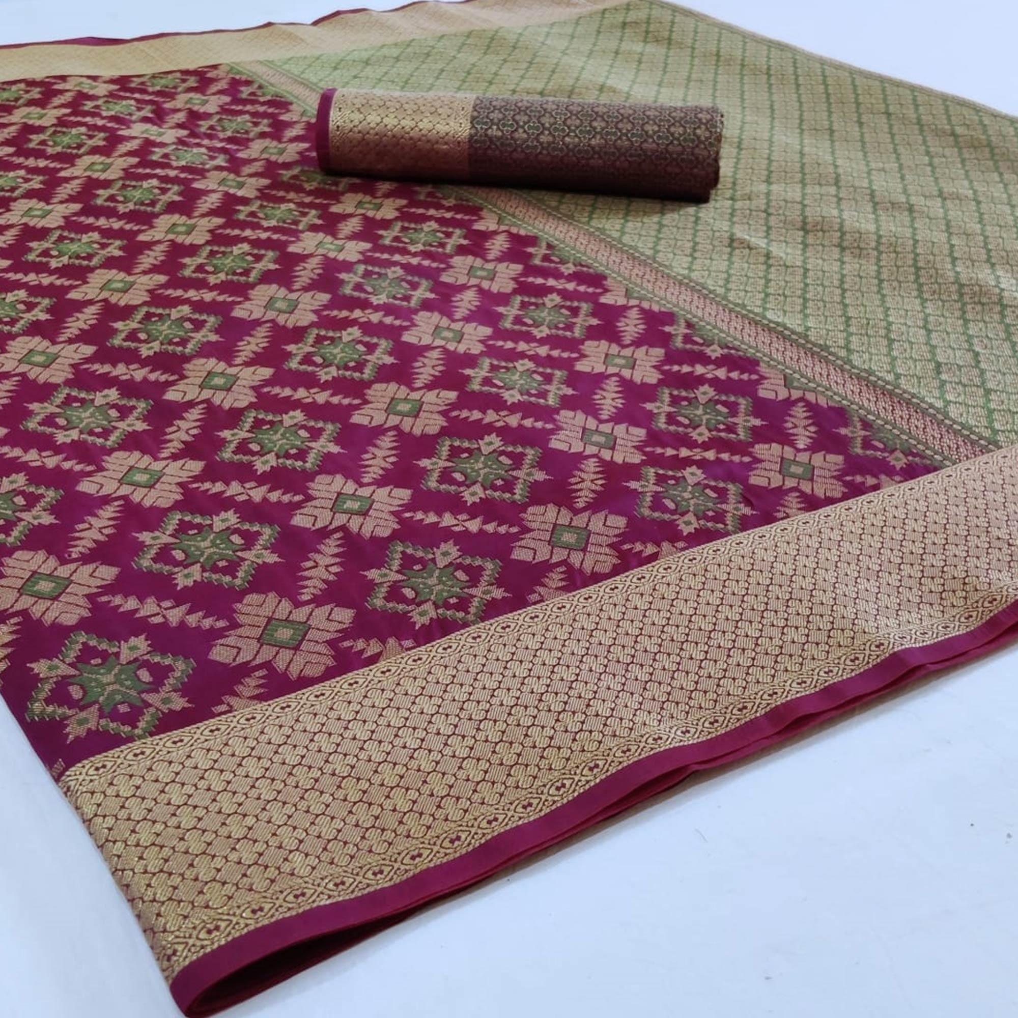 Groovy Purple Colored Festive Wear Woven Silk Saree - Peachmode