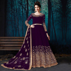 Groovy Purple Colored Partywear Embroidered Georgette Anarkali Suit - Peachmode