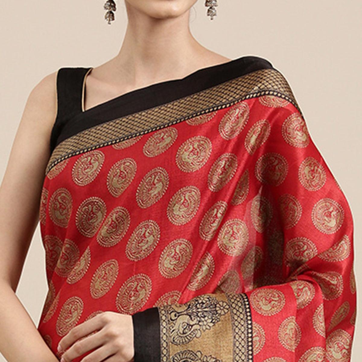 Groovy Red Colored Festive Wear Printed Art Silk Saree With Tassels - Peachmode