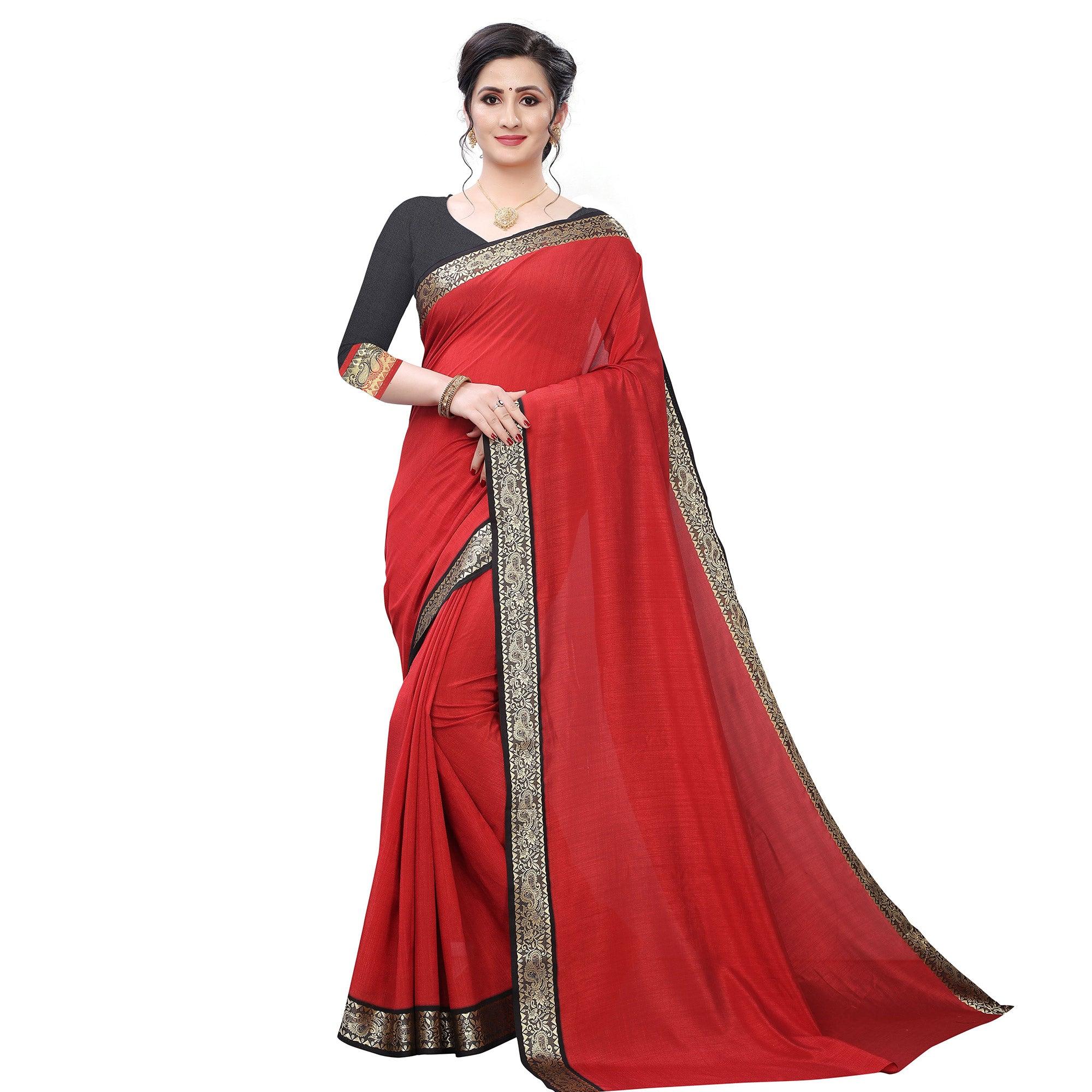 Groovy Red Colored Festive Wear Woven Vichitra Silk Saree - Peachmode