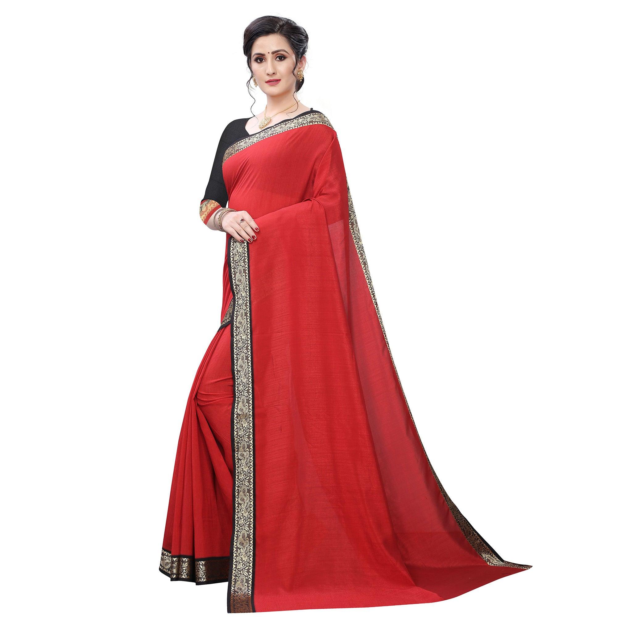 Groovy Red Colored Festive Wear Woven Vichitra Silk Saree - Peachmode