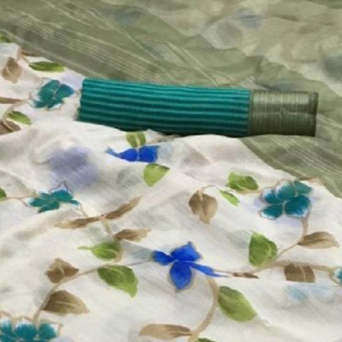 Groovy White-Green Colored Casual Wear Floral Printed Linen Saree - Peachmode