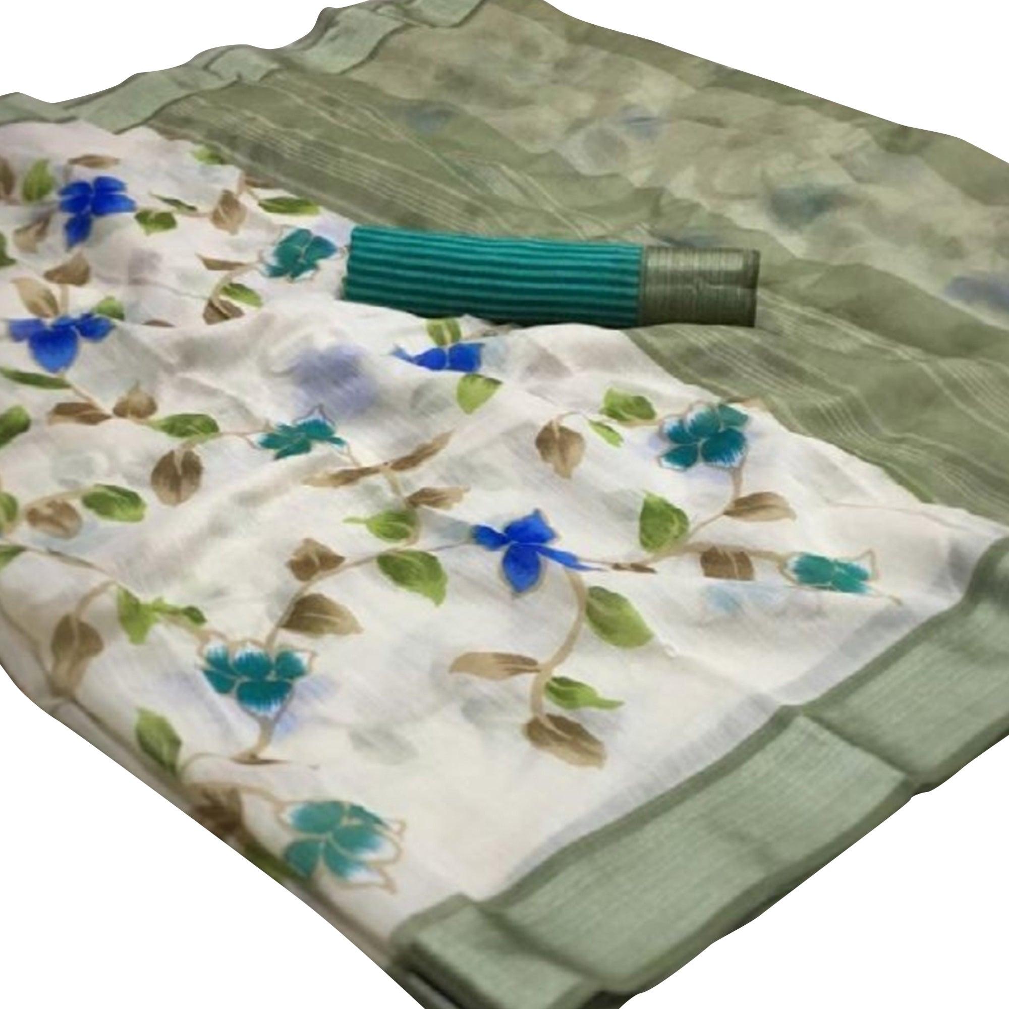 Groovy White-Green Colored Casual Wear Floral Printed Linen Saree - Peachmode