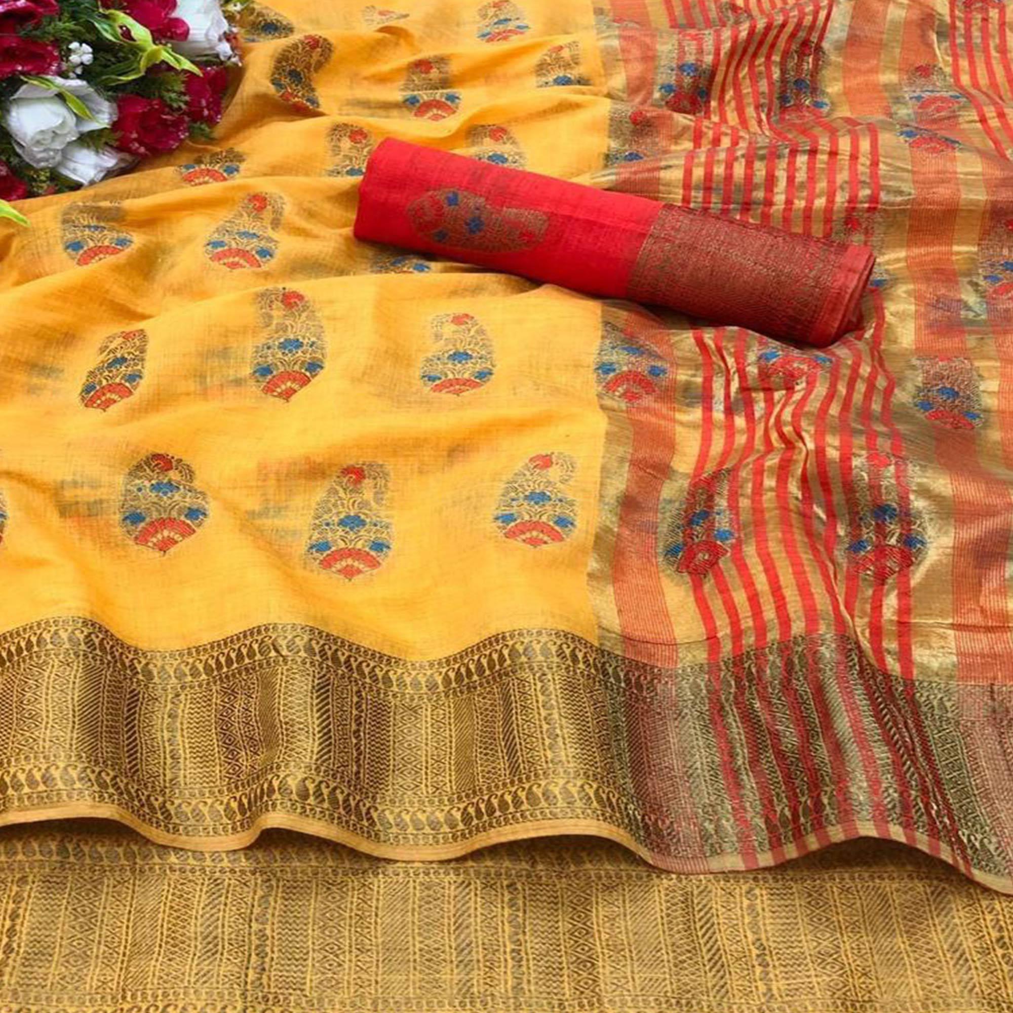 Groovy Yellow Colored Festive Wear Woven Tussar Silk Saree - Peachmode