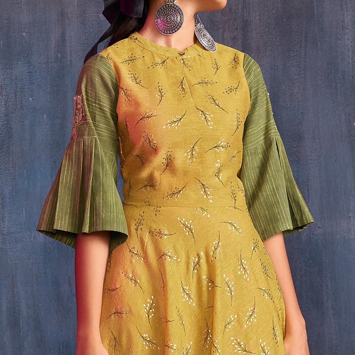 Groovy Yellow-Green Colored Partywear Embroidered Viscose Gown - Peachmode