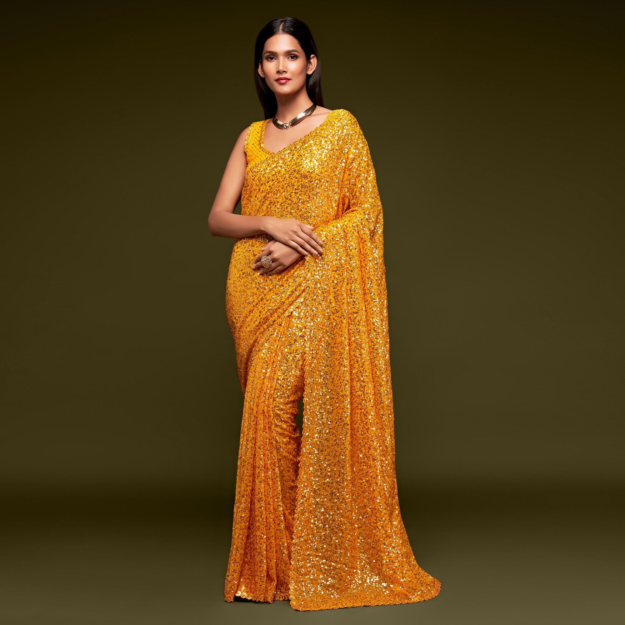 Honey Yellow Partywear Thread & Sequins Embroidered Georgette Saree - Peachmode