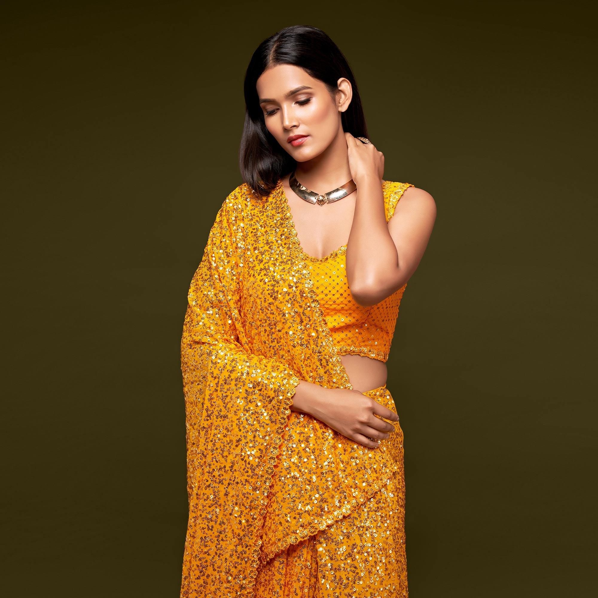 Honey Yellow Partywear Thread & Sequins Embroidered Georgette Saree - Peachmode