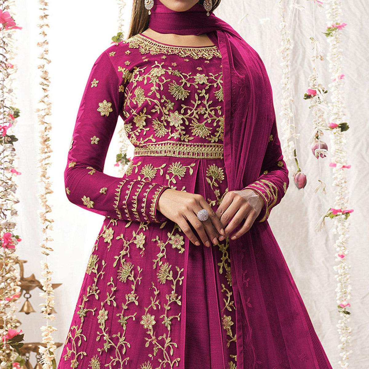 Hot Pink Embroidered Netted Anarkali Suit - Peachmode