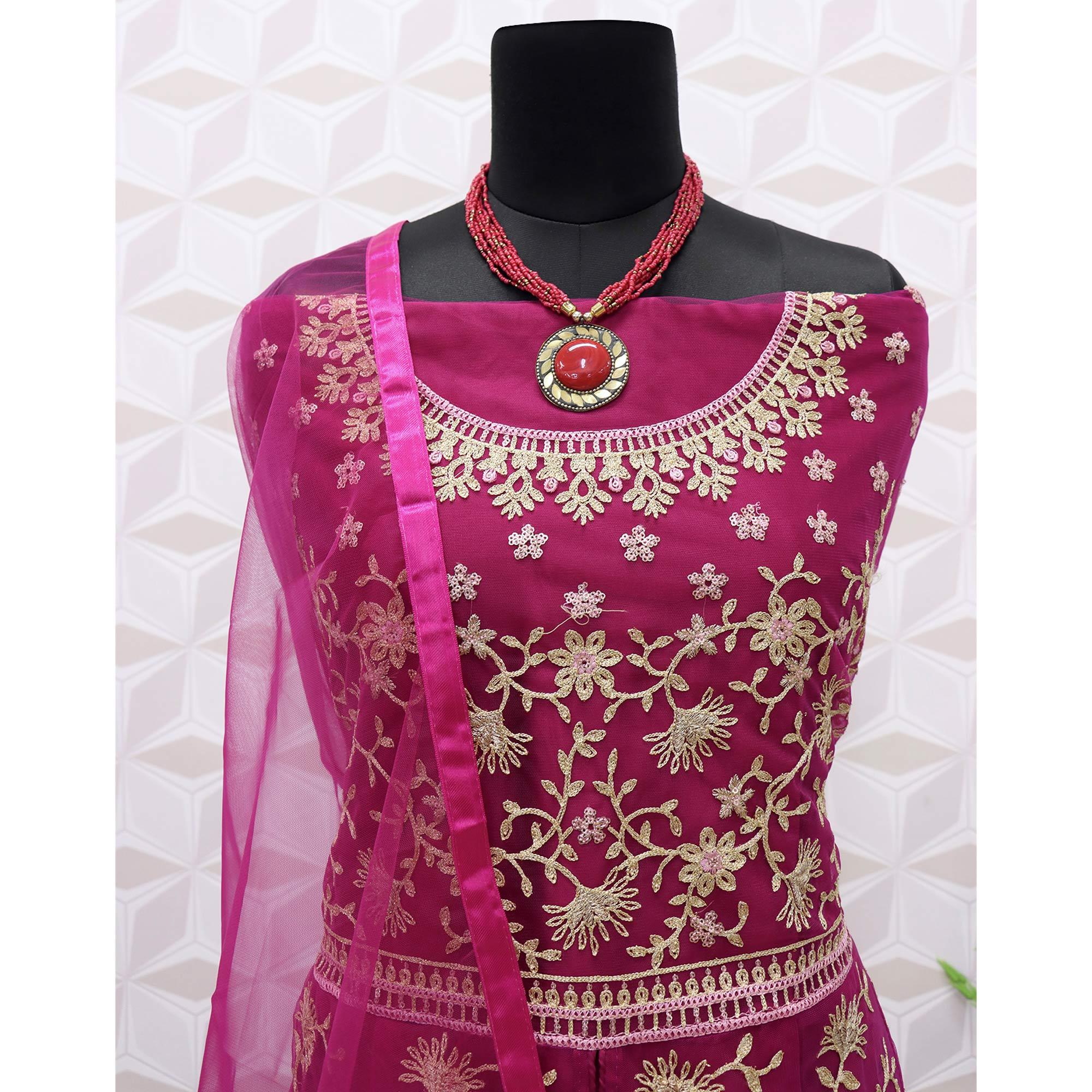 Hot Pink Embroidered Netted Anarkali Suit - Peachmode