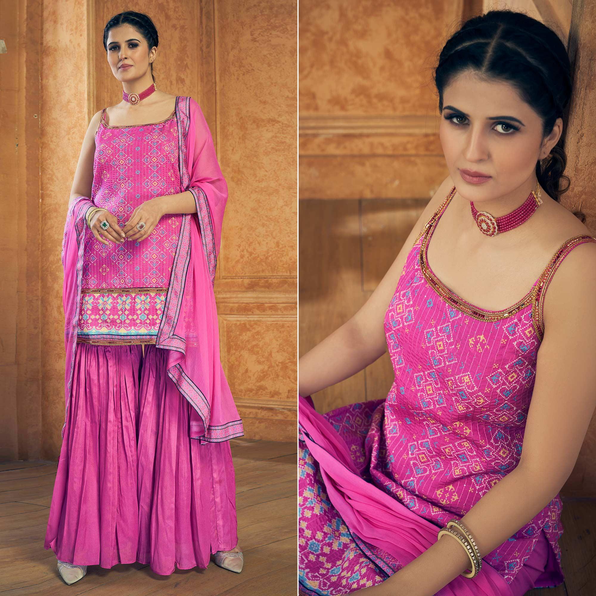 Hot Pink Party Wear Embroiddered Chiffon Sharara Suit - Peachmode