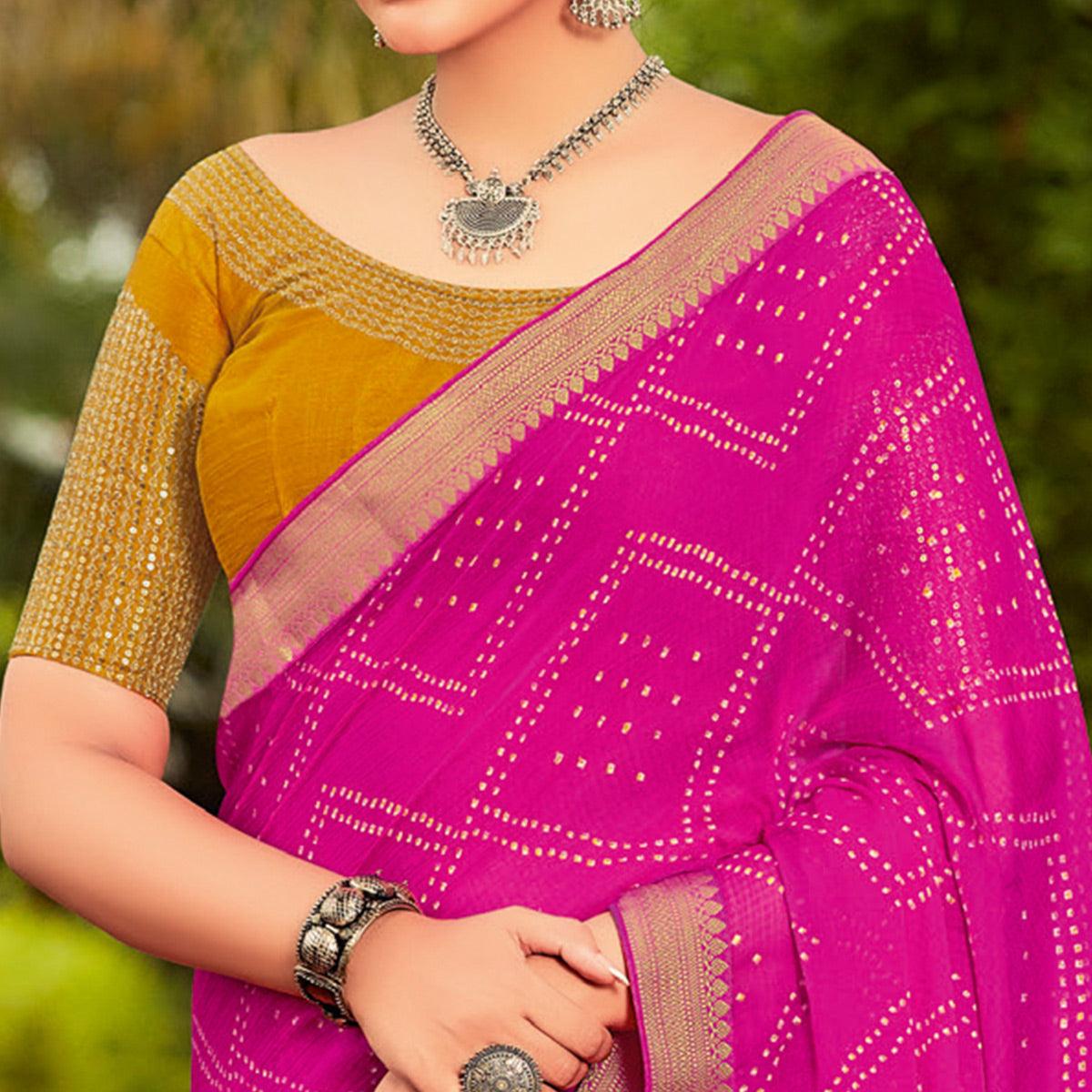 Hot Pink Partywear Printed Chiffon Saree With Border - Peachmode