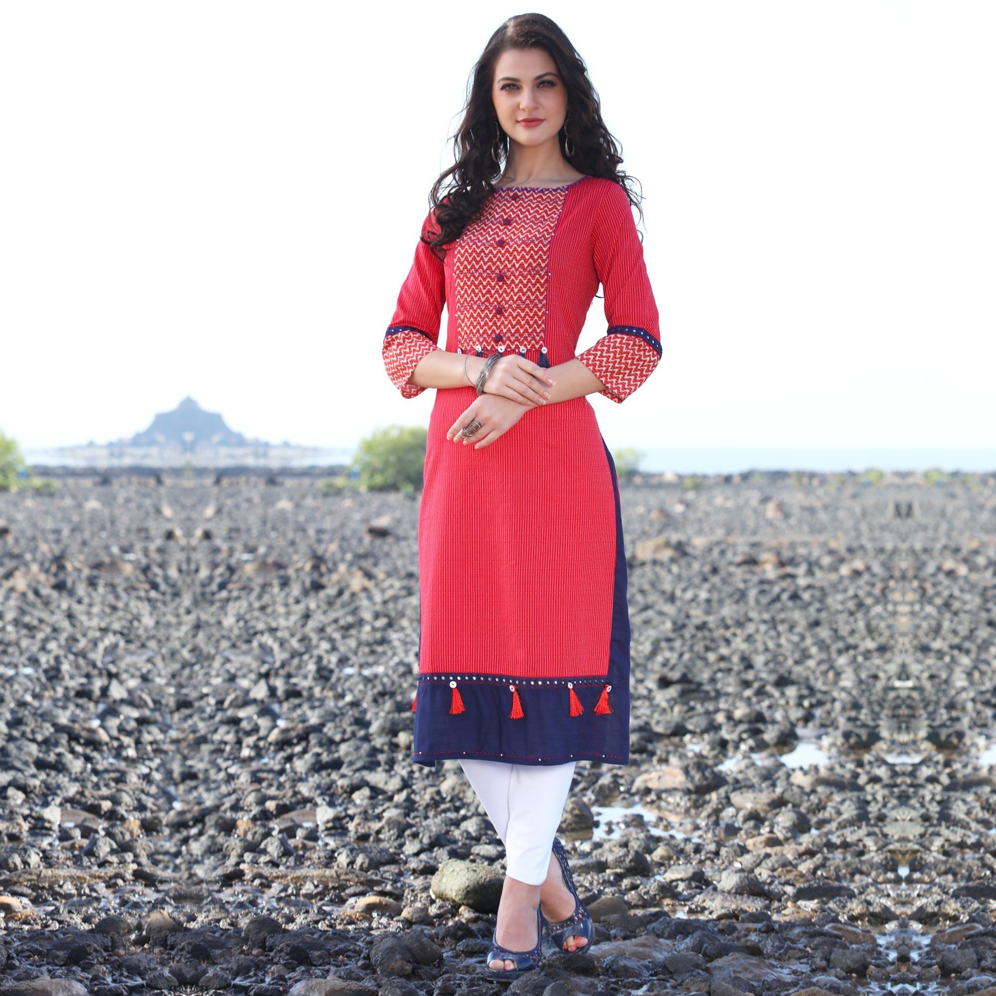 Hot Red Designer Rayon Kurti - Peachmode