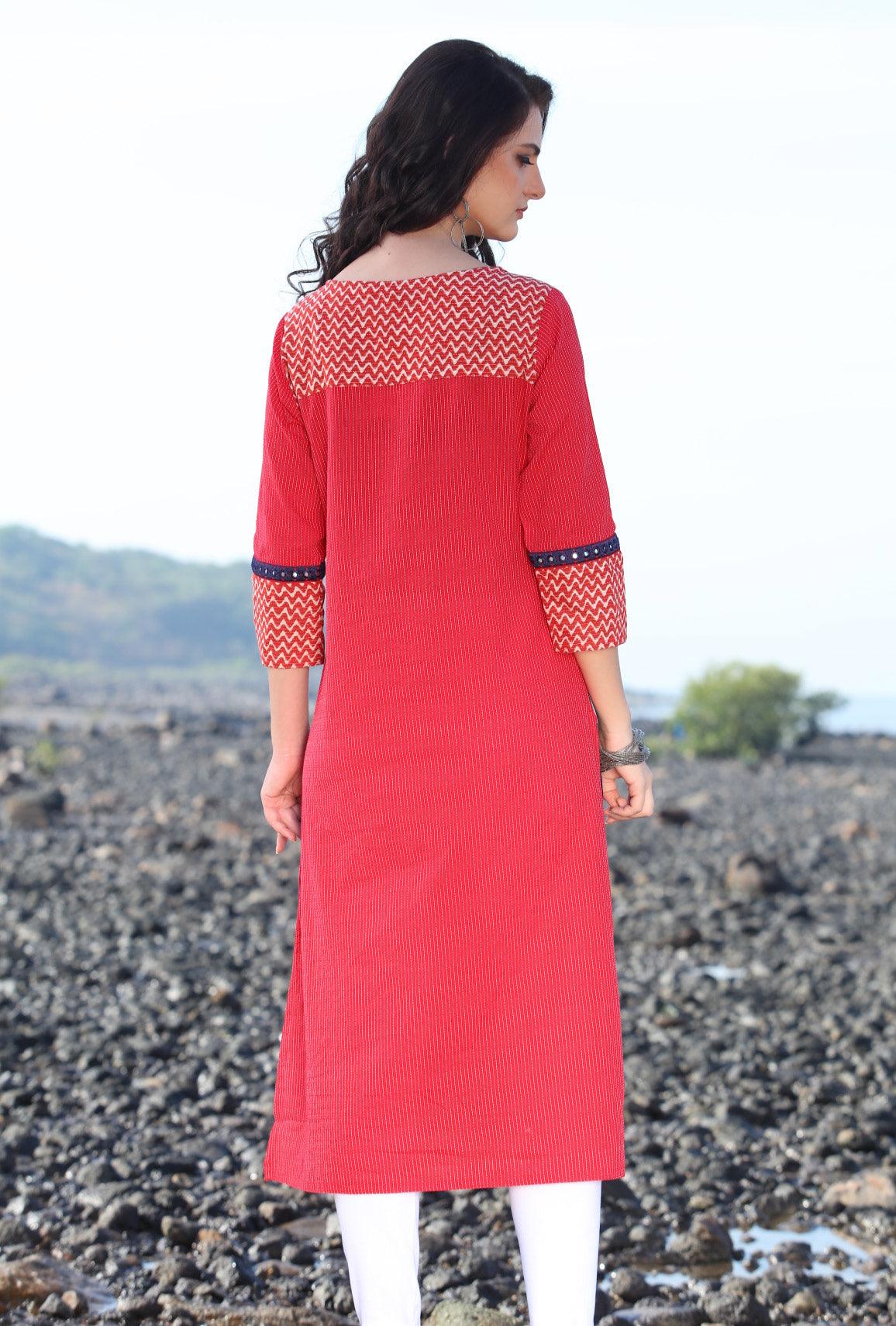 Hot Red Designer Rayon Kurti - Peachmode