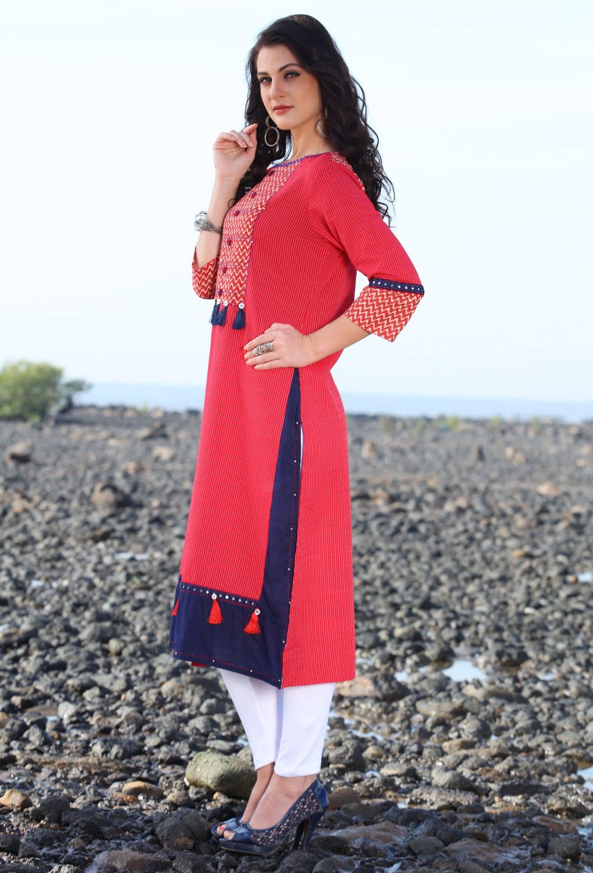 Hot Red Designer Rayon Kurti - Peachmode