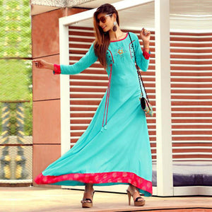 Hypnotic Aqua Blue Colored Partywear Handwork Rayon Long Kurti - Peachmode