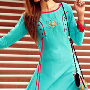 Hypnotic Aqua Blue Colored Partywear Handwork Rayon Long Kurti - Peachmode