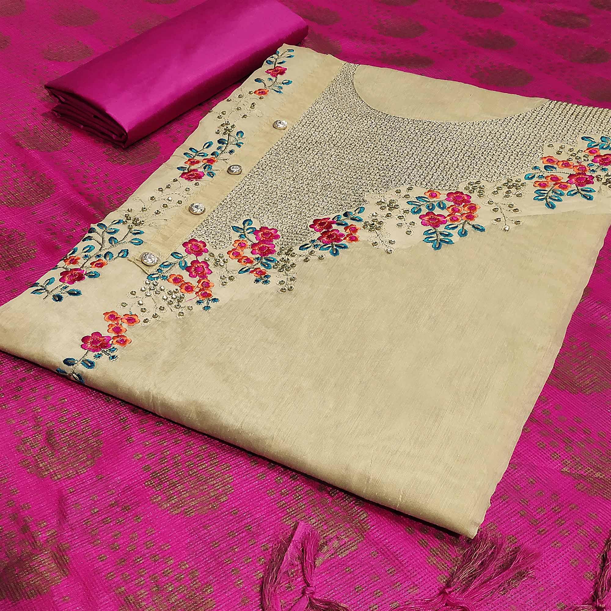 Hypnotic Beige-Pink Colored Casual Embroidered Modal Silk Dress Material - Peachmode