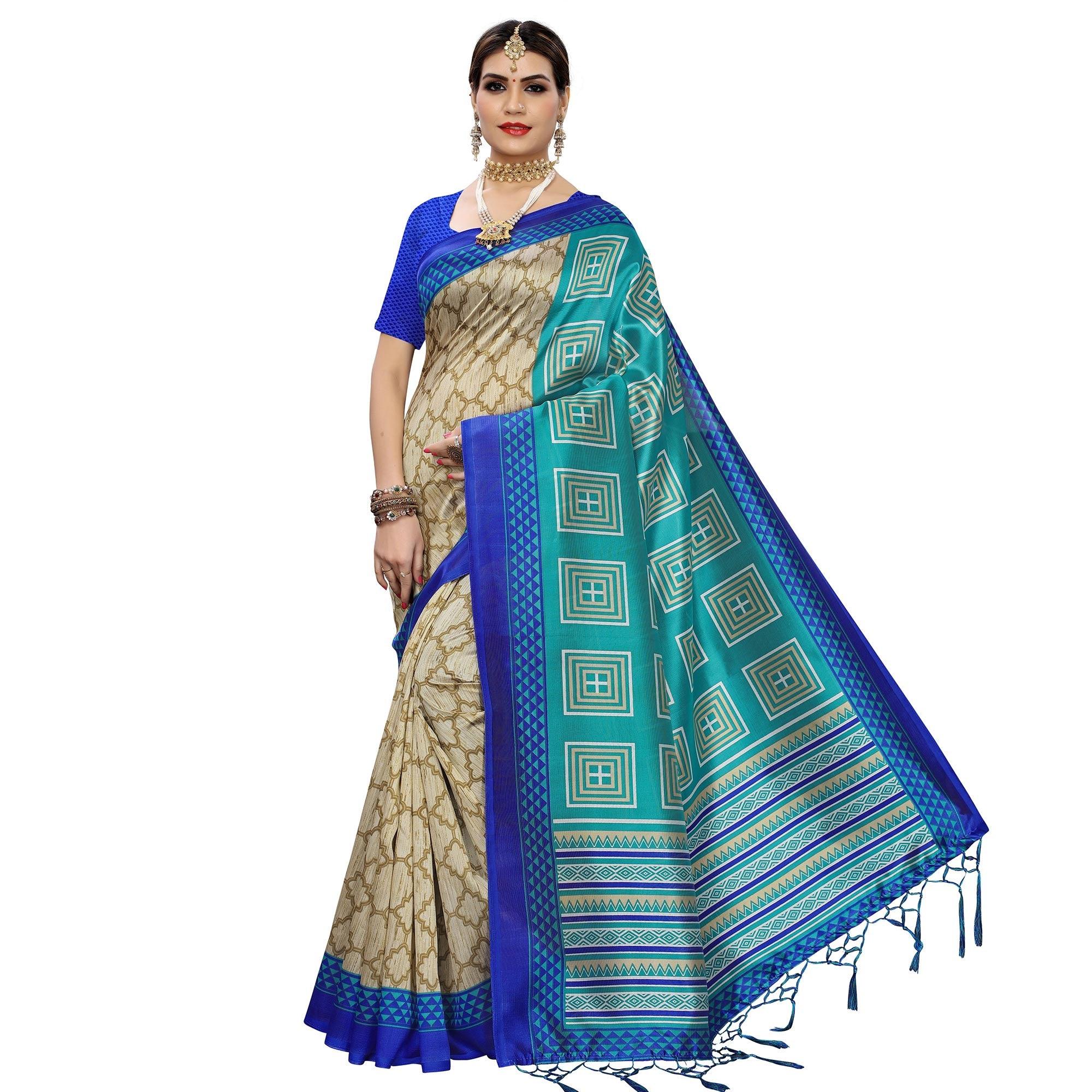 Hypnotic Beige-Rama Green Colored Casual Printed Art Silk Saree - Peachmode