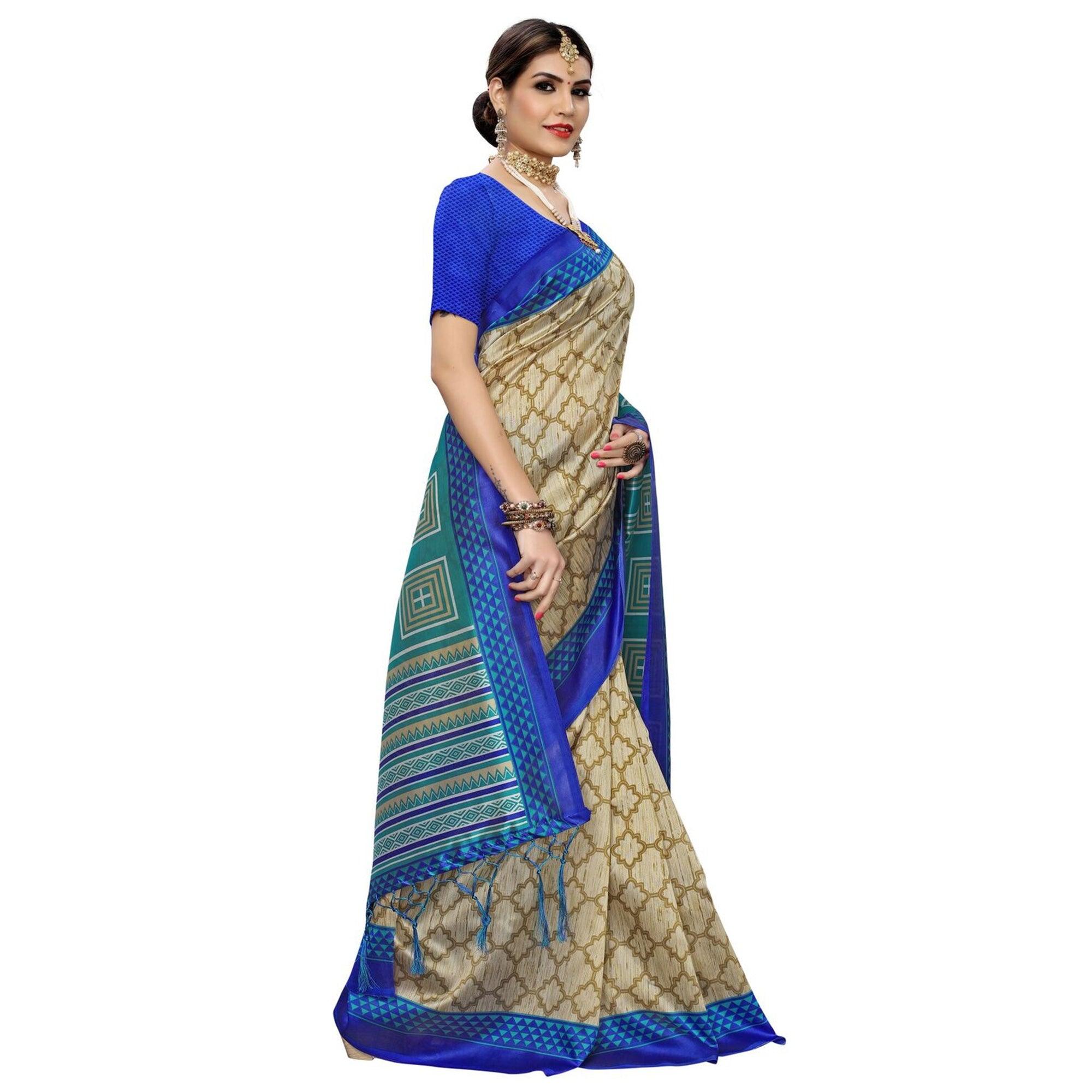 Hypnotic Beige-Rama Green Colored Casual Printed Art Silk Saree - Peachmode