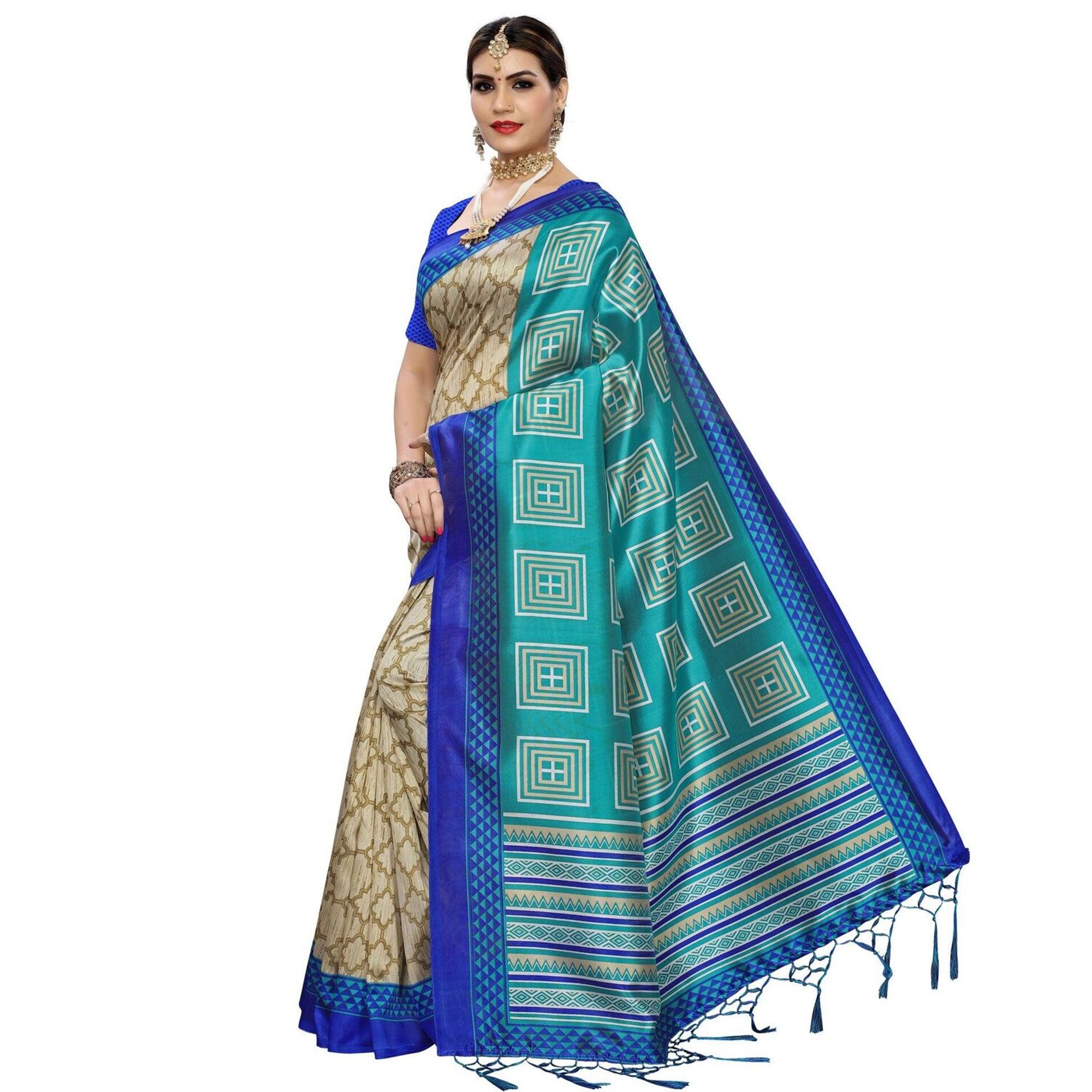 Hypnotic Beige-Rama Green Colored Casual Printed Art Silk Saree - Peachmode