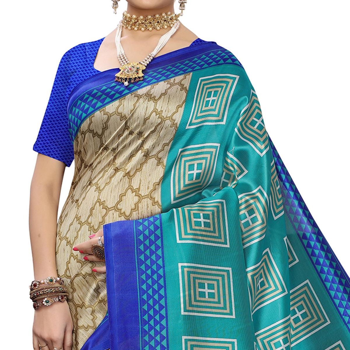 Hypnotic Beige-Rama Green Colored Casual Printed Art Silk Saree - Peachmode