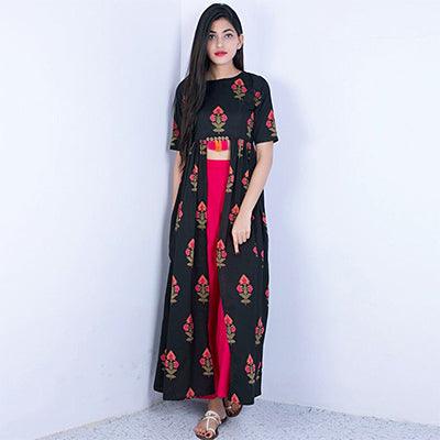 Hypnotic Black Colored Partywear Embroidered Linen Long Top-Palazzo Set - Peachmode