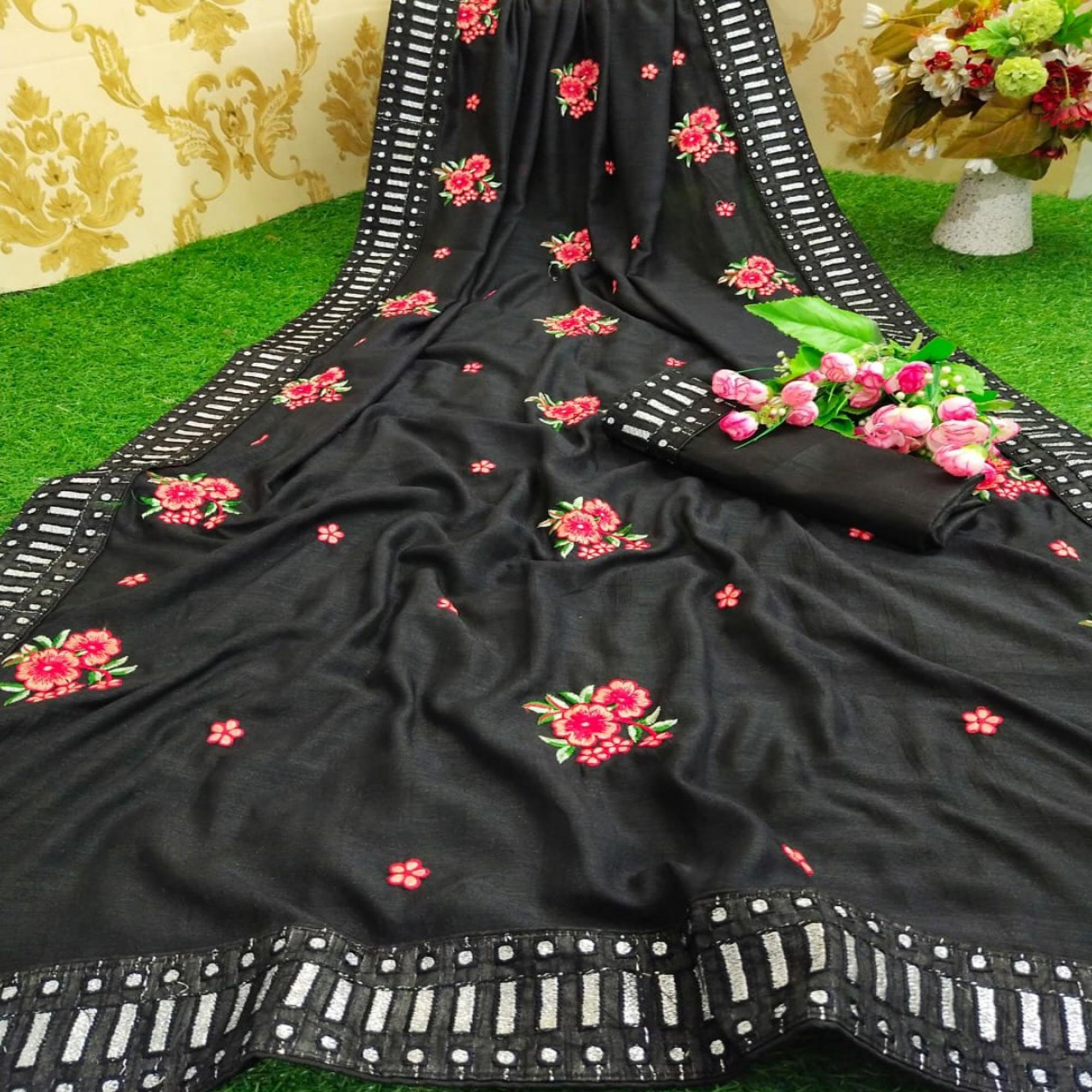 Hypnotic Black Colored Partywear Embroidered Pure Vichitra Silk Saree - Peachmode