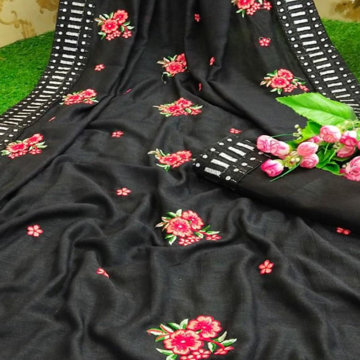 Hypnotic Black Colored Partywear Embroidered Pure Vichitra Silk Saree - Peachmode