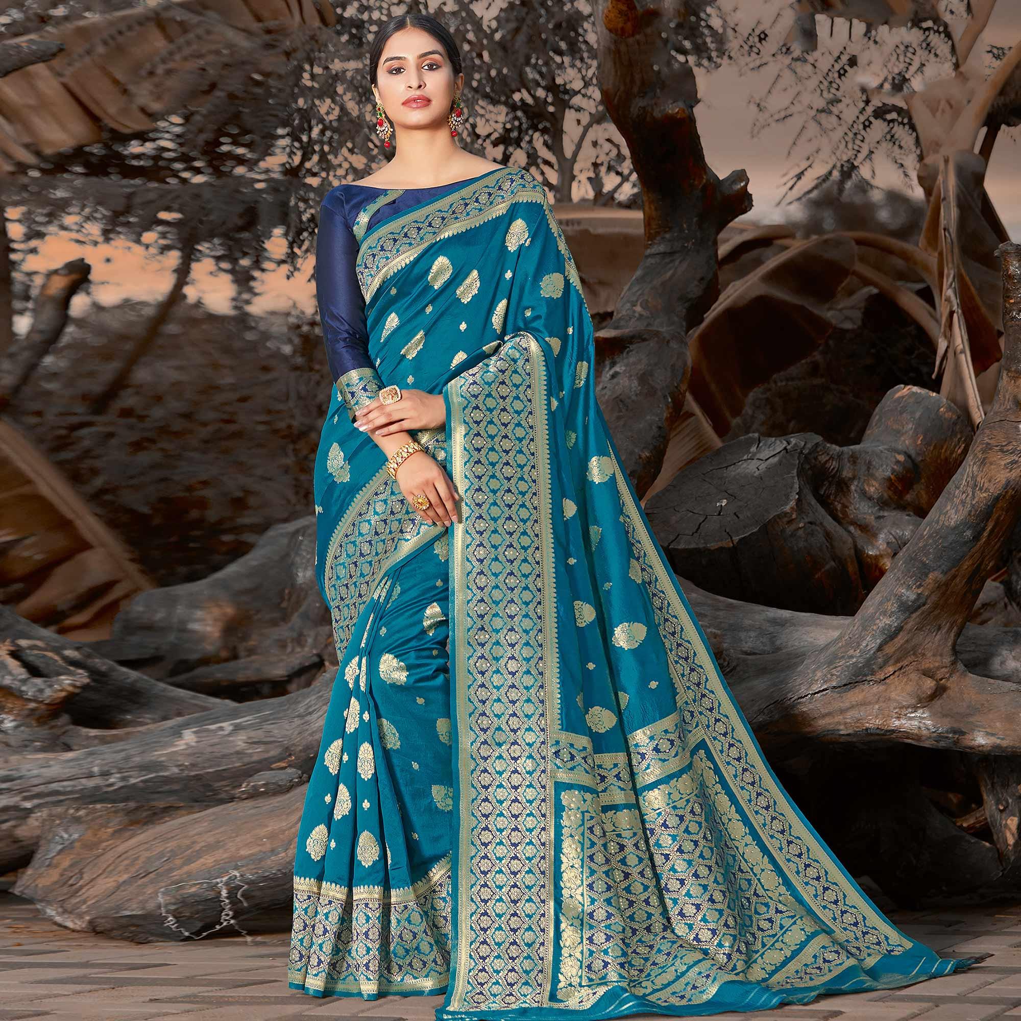 Hypnotic Blue Colored Festive Wear Woven Silk Saree - Peachmode