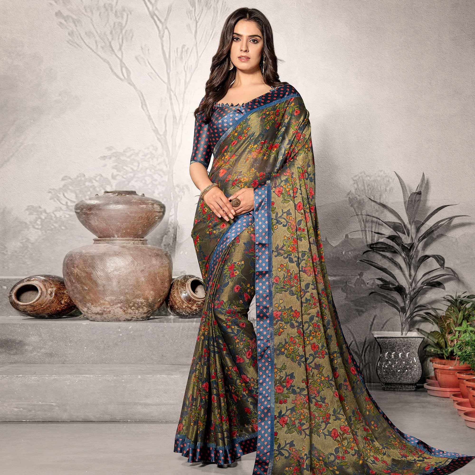 Hypnotic Dark Grey Colored Partywear Printed Chiffon Saree - Peachmode
