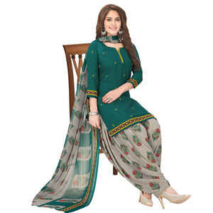 Hypnotic Green Colored Casual Wear Printed Crepe Patiala Dress Material - Peachmode