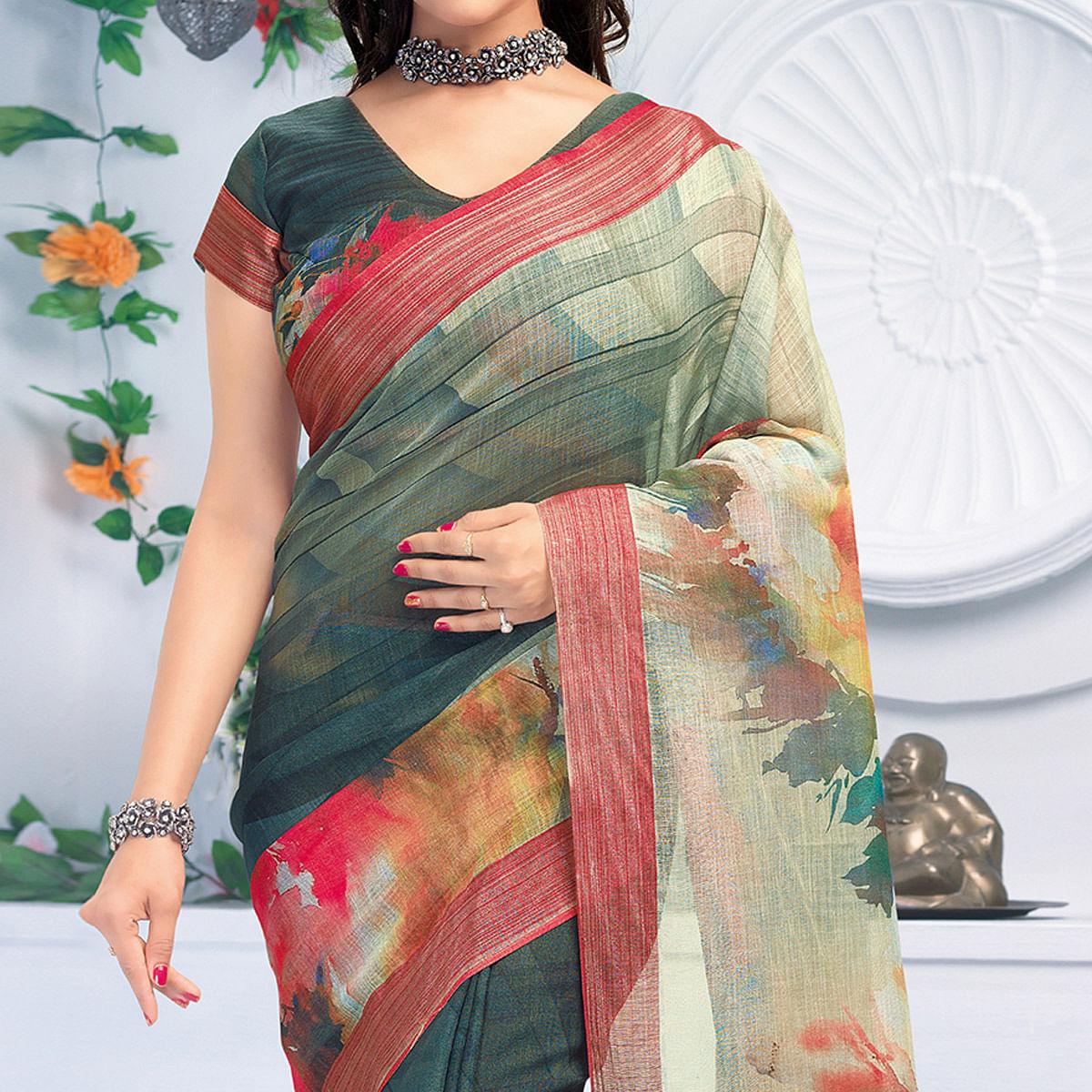 Hypnotic Green Colored Casual Wear Printed Pure Linen Saree - Peachmode