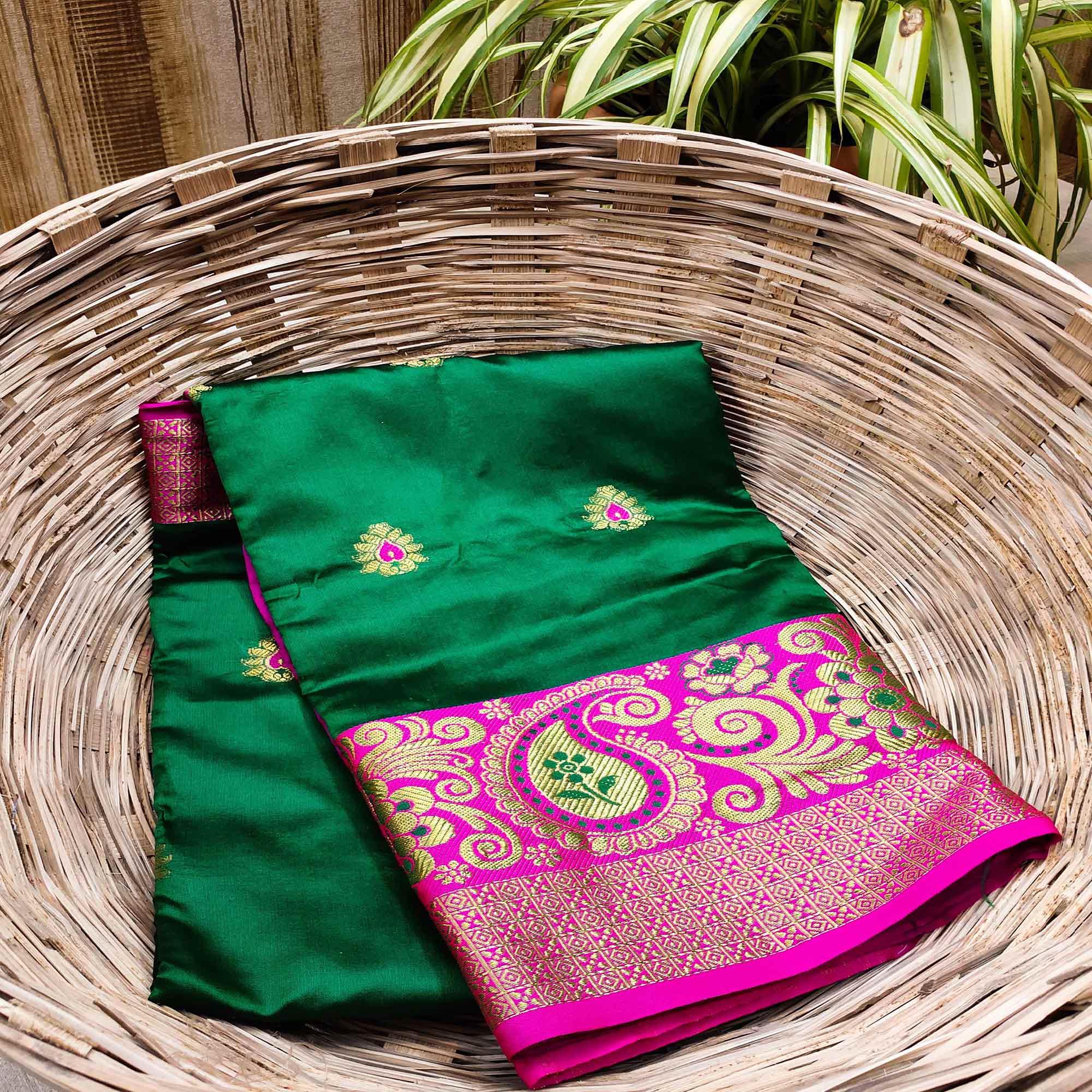 Hypnotic Green Colored Festive Wear Woven Kanjivaram Silk Saree - Peachmode