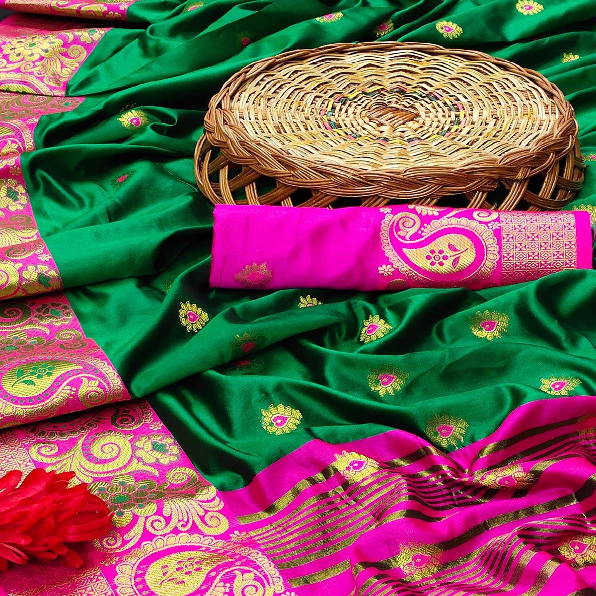 Hypnotic Green Colored Festive Wear Woven Kanjivaram Silk Saree - Peachmode