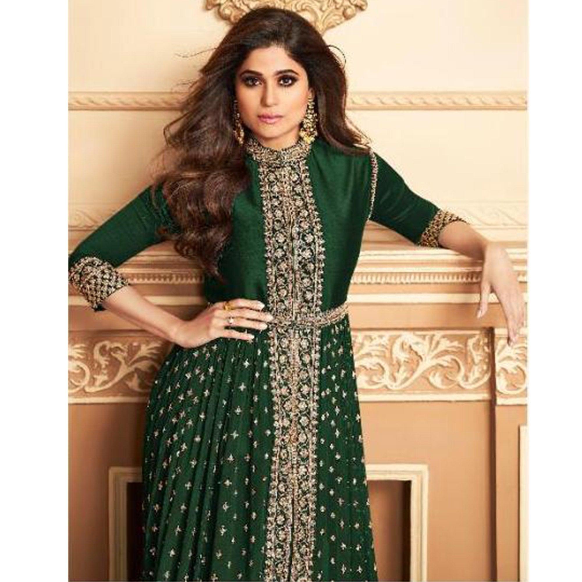 Hypnotic Green Colored Partywear Embroidered Faux Georgette Abaya Style anarkali Suit - Peachmode