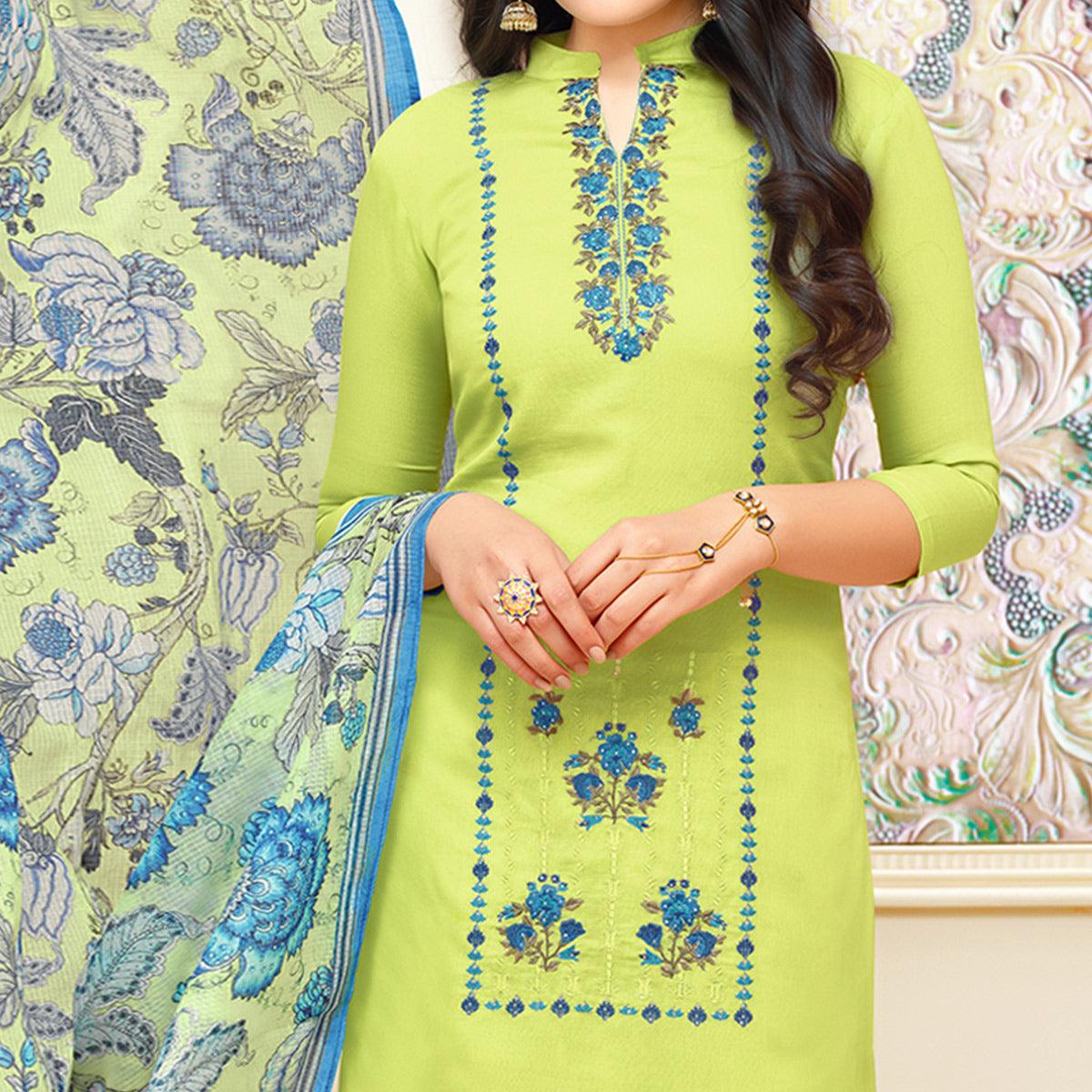 Hypnotic Green Colored Partywear Embroidered Modal Silk Suit - Peachmode