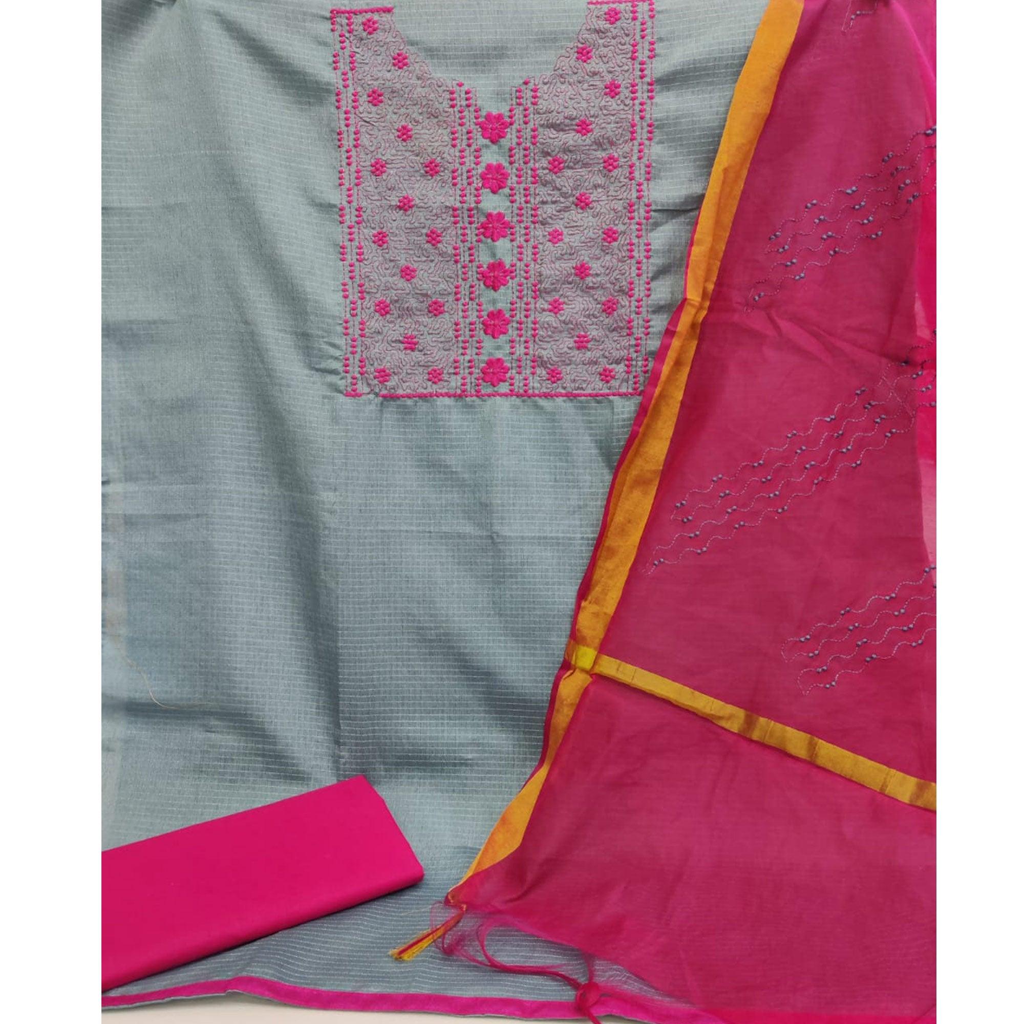 Hypnotic Grey Colored Festive Wear Embroidered Manipri Cotton Dress Material - Peachmode