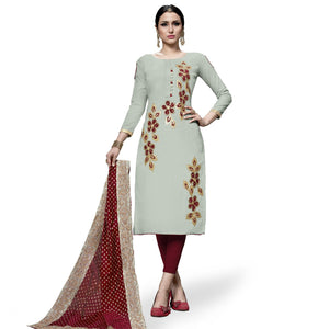 Hypnotic Light Green Colored Partywear Embroidered Cotton Dress Material - Peachmode