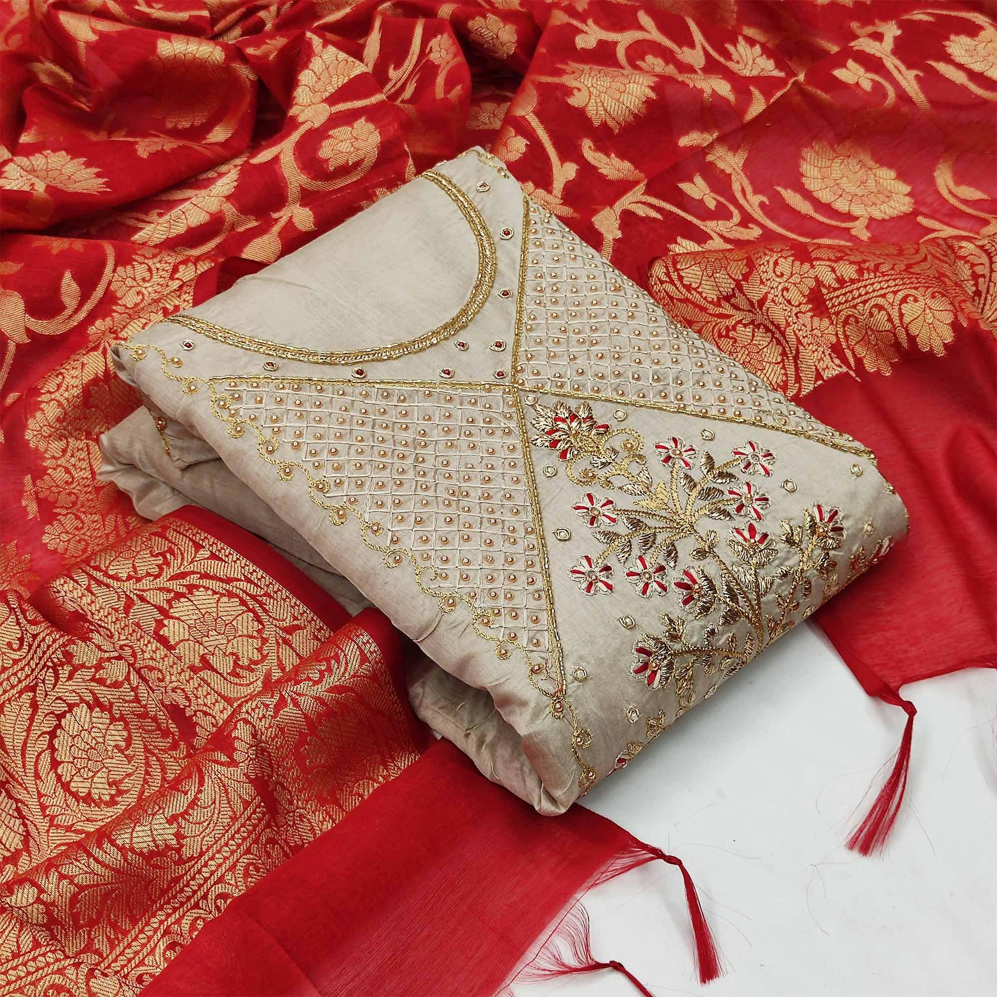 Hypnotic Light Grey Colored Festive Wear Embroidered Modal Chanderi Dress Material - Peachmode