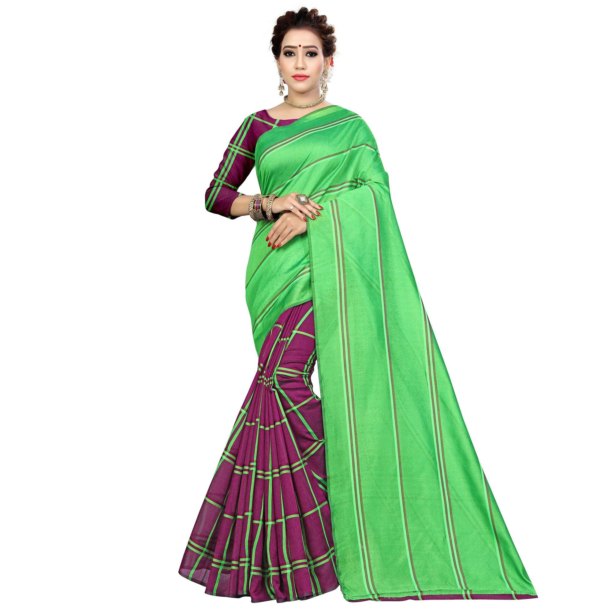 Hypnotic Magenta Pink-Green Colored Casual Printed Cotton Silk Saree - Peachmode