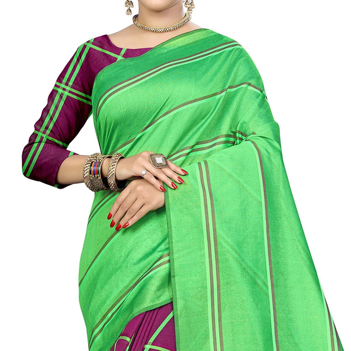 Hypnotic Magenta Pink-Green Colored Casual Printed Cotton Silk Saree - Peachmode