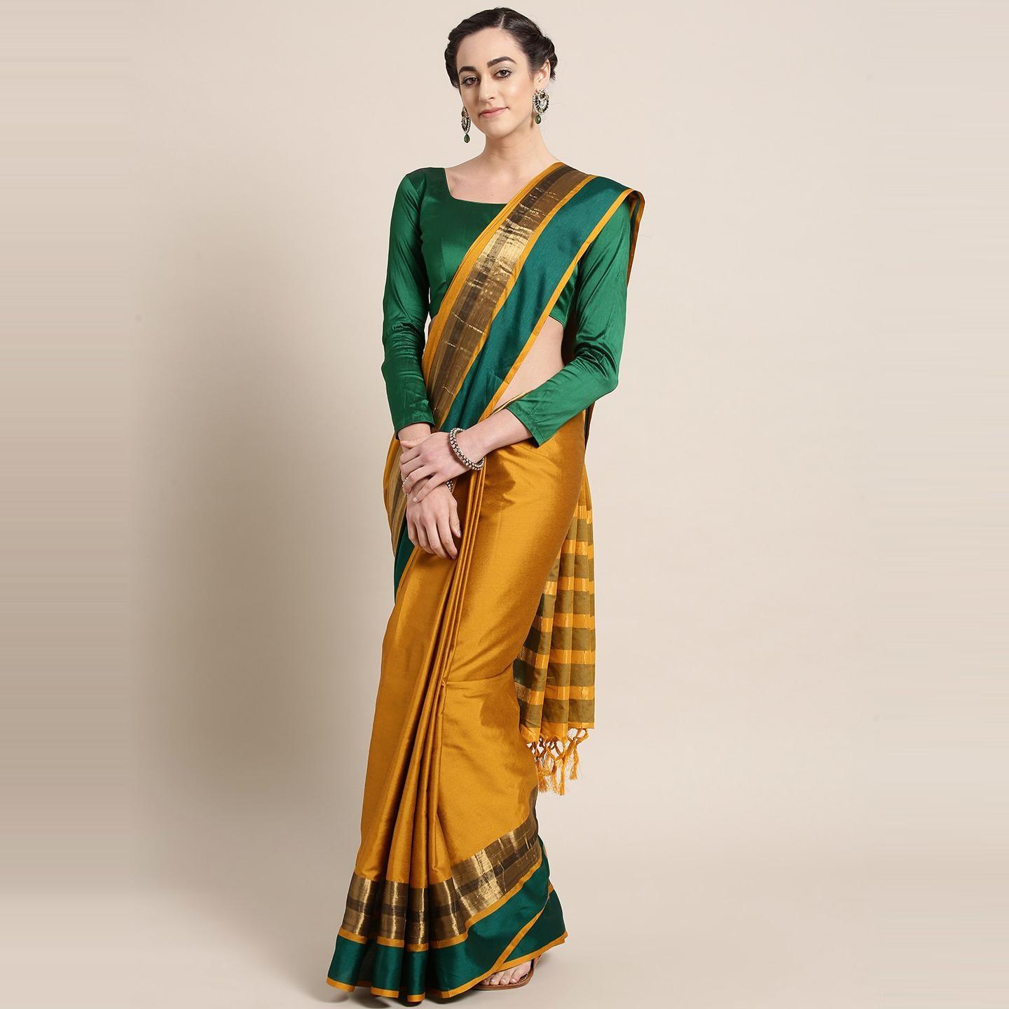 Hypnotic Mustard Colored Festive Wear Woven Cotton Silk Saree - Peachmode