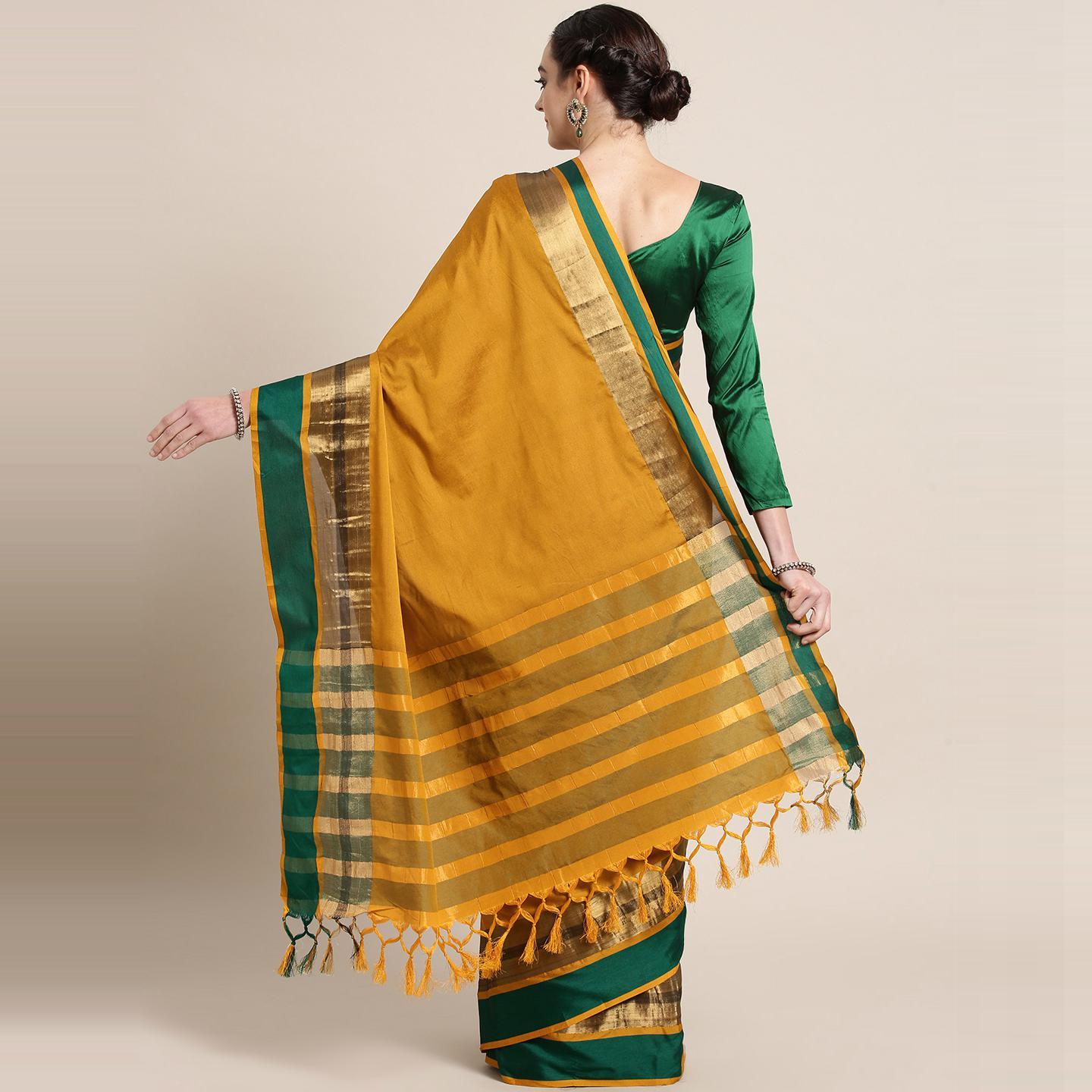Hypnotic Mustard Colored Festive Wear Woven Cotton Silk Saree - Peachmode