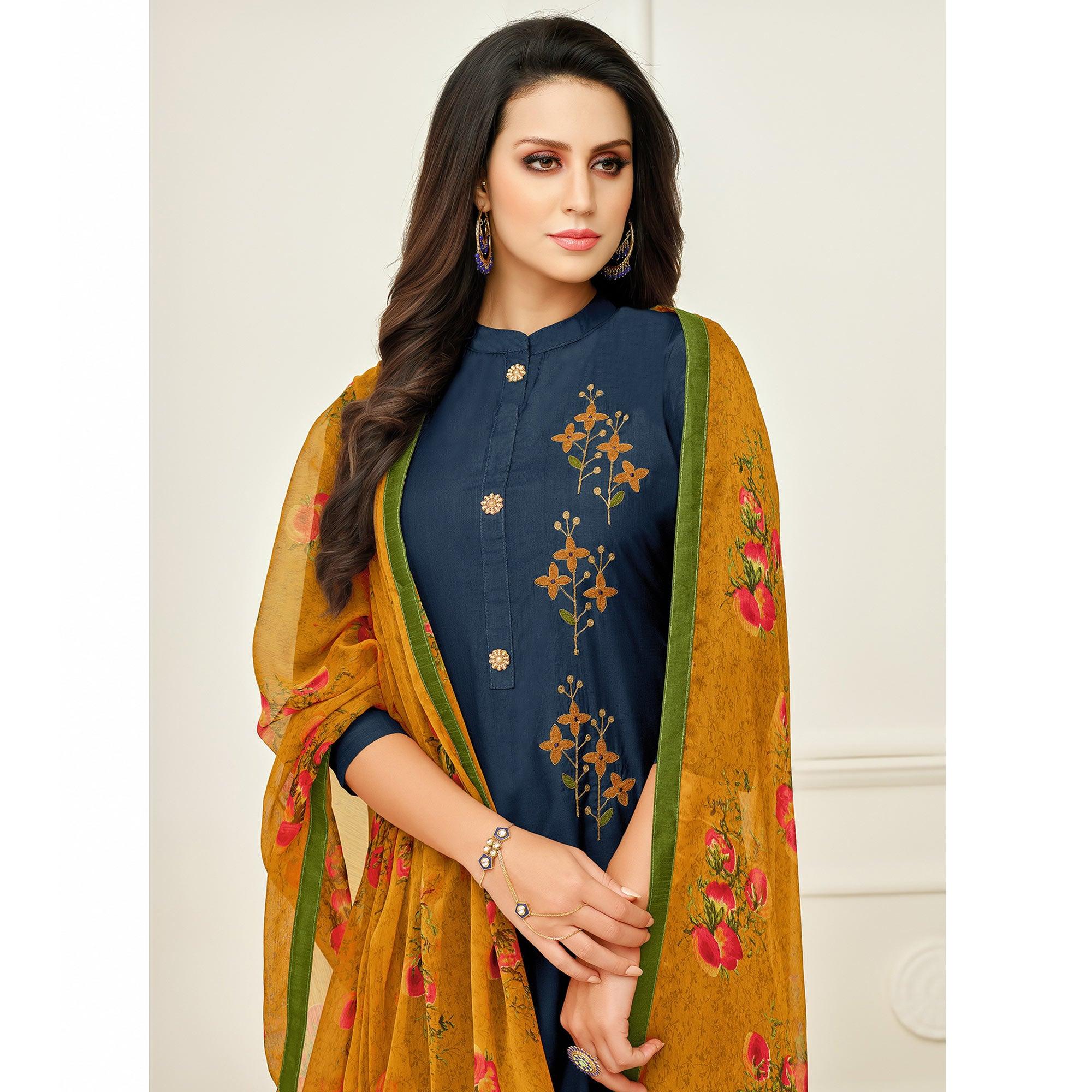 Hypnotic Navy Blue Colored Casual Wear Printed Chanderi Dress Material - Peachmode