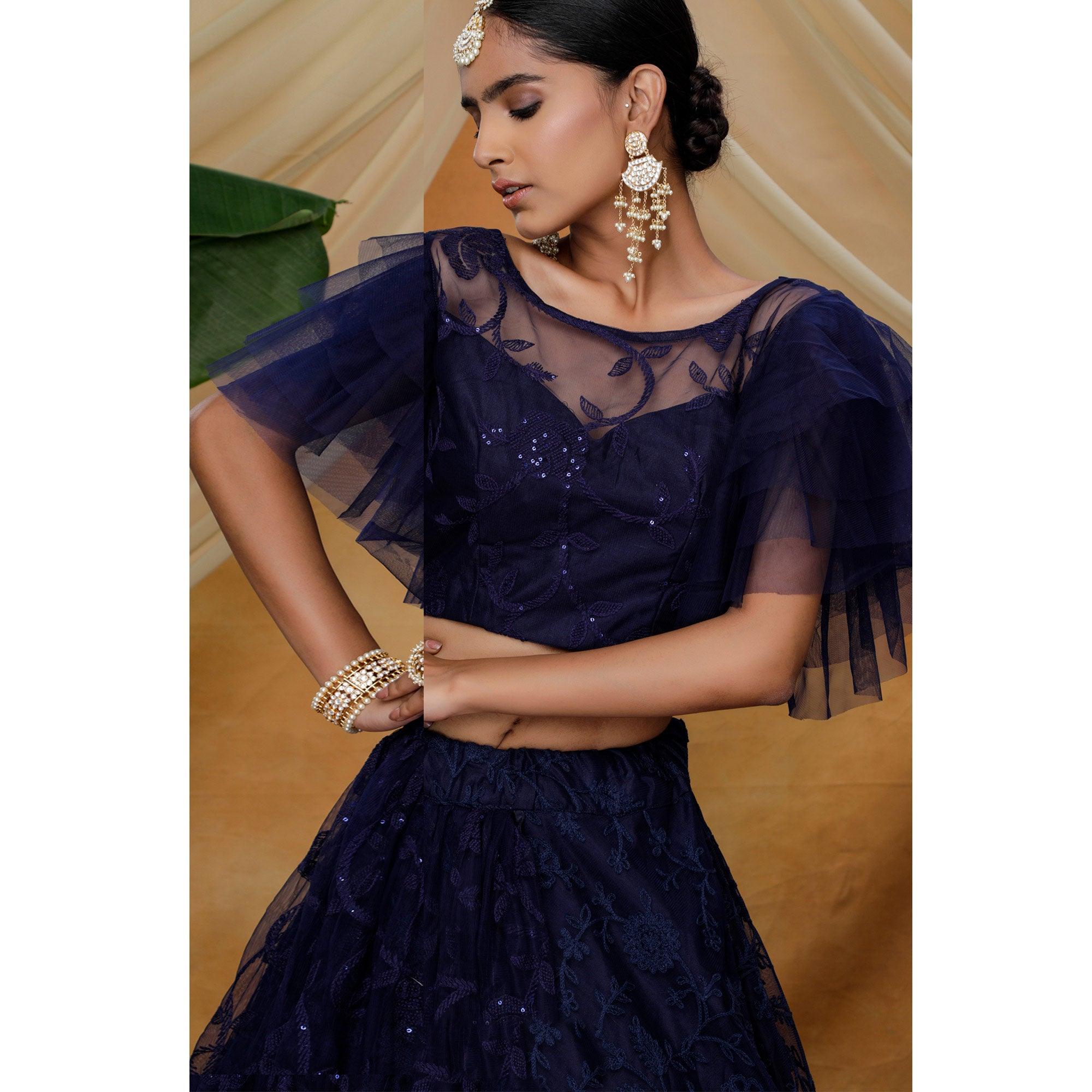 Hypnotic Navy Blue Colored Designer Partywear Embroidered Net Lehenga Choli - Peachmode